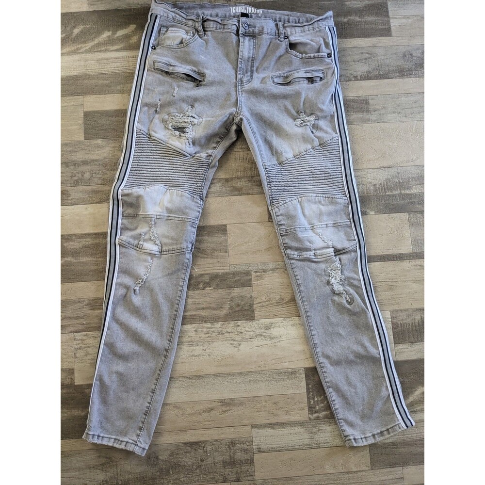Men’s  Distressed Ribbed Patchwork Slim Denim Gray Wash Jeans 38x32* Street Wear
